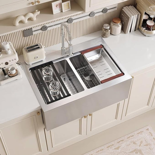 Rhbamoa Double Farmhouse Sink 28 Inch,16-Gauge T304 Stainless Steel Drop In Farm Sink,50/50 Topmount Double Bowl Apron Front Farm Sinks,10 Inch Deep Workstation Sinks with All Accessories