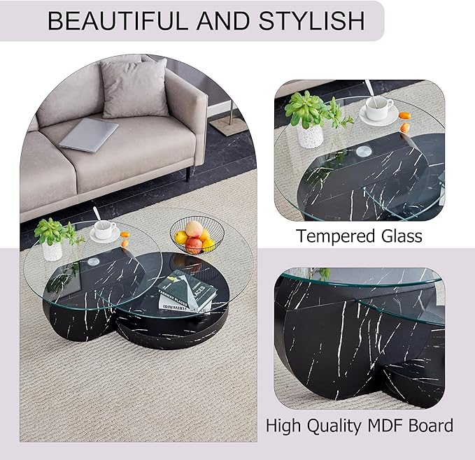 Glass Coffee Table, Modern Round Glass Coffee Table with Wooden Base, 3 Tier Round Coffee Table, Clear Cocktail Table with Storage for Living Room, Office, Balcony (42″ Black)