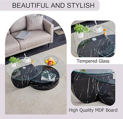 Glass Coffee Table, Modern Round Glass Coffee Table with Wooden Base, 3 Tier Round Coffee Table, Clear Cocktail Table with Storage for Living Room, Office, Balcony (42″ Black)