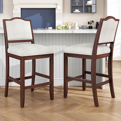 Counter Height Bar Stools Set of 2 Rustic 2 Pack Bar Stools with Rubber Wood Frame, Ergonomic Backrest, for Kitchen Island, Dining Room, Cherry