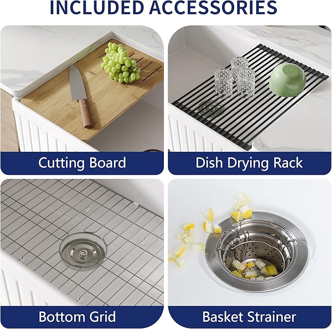 DeerValley 33" L x 20" W Farmhouse Workstation Kitchen Sink, Reversible Fireclay Deep Single Bowl Apron Front Kitchen Sink, White Undermount Farm Sink with Ledge and Accessories