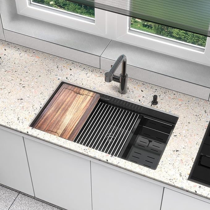 33inch Undermount Kitchen Sink Metal Black - Feibus 33x19x10 with Double Step Workstation 16 Gauge Honeycomb Embossment Stainless Steel Single Bowl