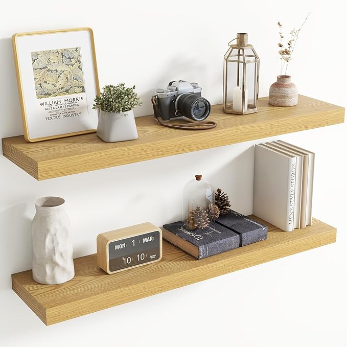40 Inch Floating Shelves for Wall, 8 Inch Deep Floating Shelf for Storage & Display, Rustic Wall Mounted Shelf with Invisible Brackets for Living Room, Kitchen, Bathroom, Home Decor, Set of 2, Oak