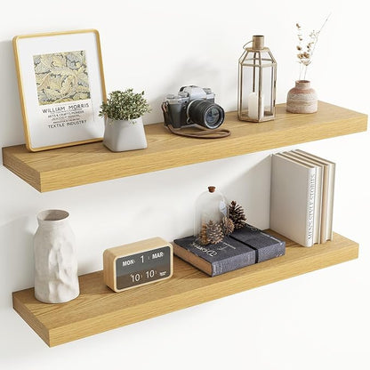 40 Inch Floating Shelves for Wall, 8 Inch Deep Floating Shelf for Storage & Display, Rustic Wall Mounted Shelf with Invisible Brackets for Living Room, Kitchen, Bathroom, Home Decor, Set of 2, Oak