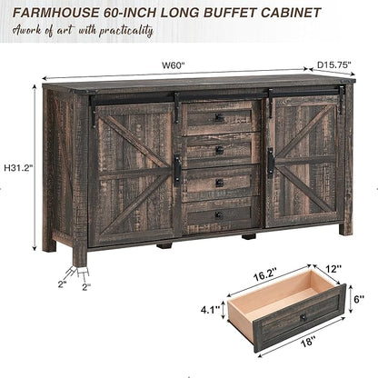 T4TREAM Farmhouse Sideboard Buffet Cabinet with Storage, 60" Large Kitchen Cabinet w/Sliding Barn Doors and 4 Drawers, 31.2'' Tall Rustic Wood Coffee Bar Table for Dining Room, Dark Rustic Oak
