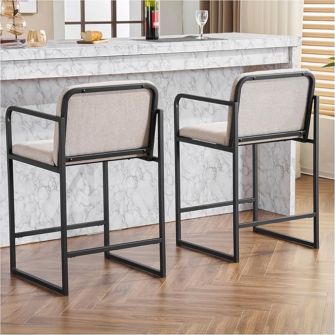 Bar Stools Set of 2, Counter Height with Armrests - Beige Modern Kitchen Island Chairs