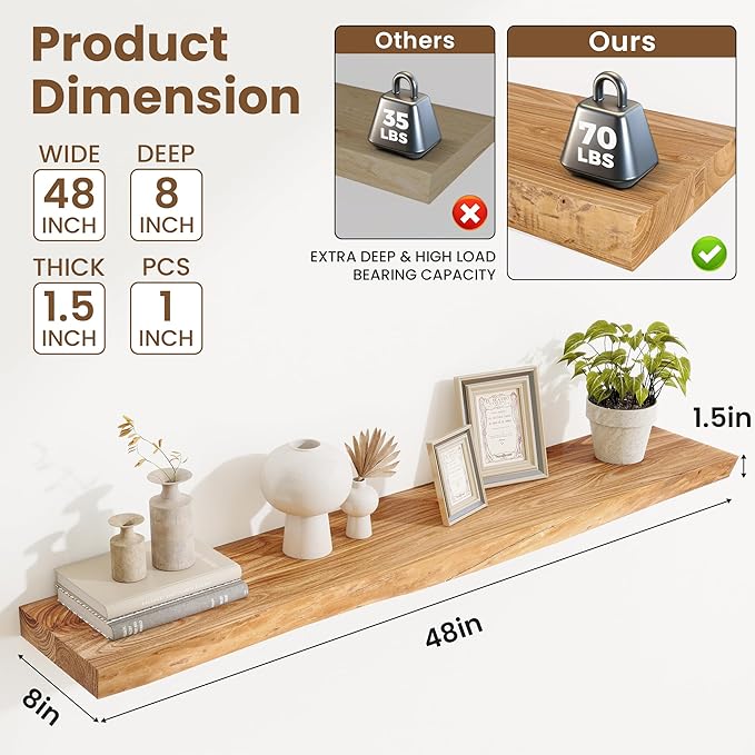Acovy Extra Deep 48" Long Live Edge Rustic Floating Shelves for Wall, Solid Wood Wall Shelves with Invisible Bracket Mount for Living Room Bathroom Bedroom Kitchen, Set of 1, Natural