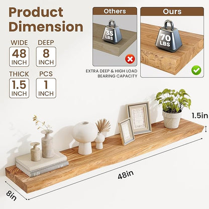 Acovy Extra Deep 48" Long Live Edge Rustic Floating Shelves for Wall, Solid Wood Wall Shelves with Invisible Bracket Mount for Living Room Bathroom Bedroom Kitchen, Set of 1, Natural