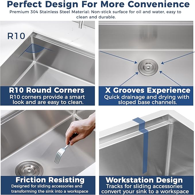 30x22 Inch Farmhouse Kitchen Sink – Workstation Apron Front, ALWEN Single Bowl Sink, 16 Gauge Scratch-Resistant Stainless Steel, R10 Radius, Ledge & Accessories Included
