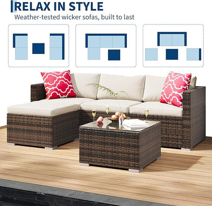 GAOMON 5-Piece All-Weather Patio Furniture Set, Convertible Outdoor Sectional Sofa with Ottoman & Tempered Glass Table, PE Rattan Conversation Set for Garden, Backyard, Porch, Poolside