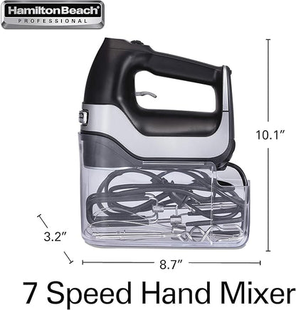 Hamilton Beach Professional 7-Speed Digital Electric Hand Mixer with High-Performance DC Motor, Slow Start, Snap-On Storage Case, SoftScrape Beaters, Whisk, Dough Hooks, Matte Black (62655)