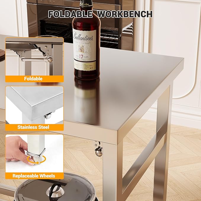 Stainless Steel Folding Table 24 x 60 Inch, Commercial Worktables Workstations, Heavy Duty Kitchen Island with Undershelf for Restaurant Kitchens Laundry, Silver