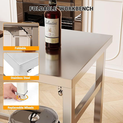 Stainless Steel Folding Table 24 x 60 Inch, Commercial Worktables Workstations, Heavy Duty Kitchen Island with Undershelf for Restaurant Kitchens Laundry, Silver