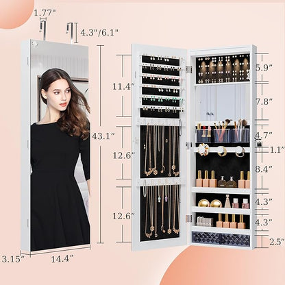 Unisakey Mirror Jewelry Cabinet,Lockable Wall or Door Mounted Jewelry Armoire Organizer With Built-up Mirror,LED Lights, Drawers,Cosmetic Trays,Shelves, 14.4"x3.15"x 43.1"（White）