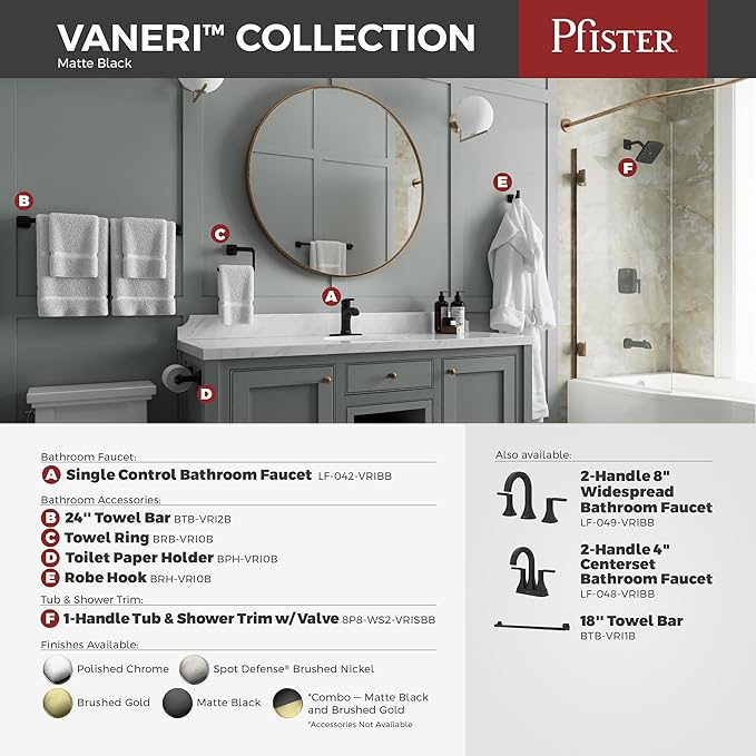 Pfister Vaneri Single Handle Bathroom Sink Faucet 1-Hole Matte Black Finish NSF Certified WaterSense with Push & Seal Drain TiteSeal Mounting Technology LF042VRIBB