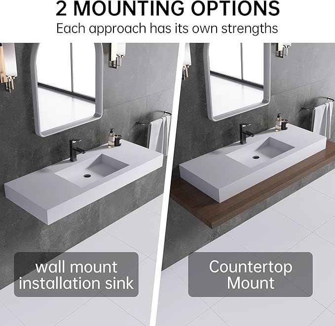 47" Wall Mount Sink Matte Bathroom Vanity Vessel Sinks Artificial Stone Rectanglee Indoor Outdoors Modern Floating or Countertop Freestanding Wall Hang Sink Bowl… (single Holes 47'')…