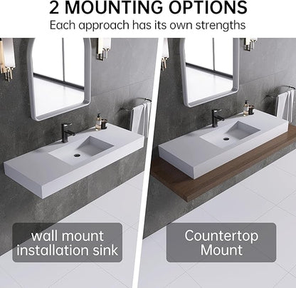 47" Wall Mount Sink Matte Bathroom Vanity Vessel Sinks Artificial Stone Rectanglee Indoor Outdoors Modern Floating or Countertop Freestanding Wall Hang Sink Bowl… (single Holes 47'')…