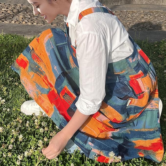 Cityelf Vintage Pinafore Apron Dress Snap Adjust Linen Cotton with Pockets Floral Aprons for Cooking Gardening