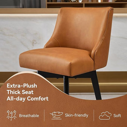 Counter Height Bar Stools Set of 6, Swivel Barstools with Backs and Wood Legs, Faux Leather Upholstered Counter Stools for Kitchend Island, Mid-Century Modern 26" Seat Height Bar Chairs, Brown