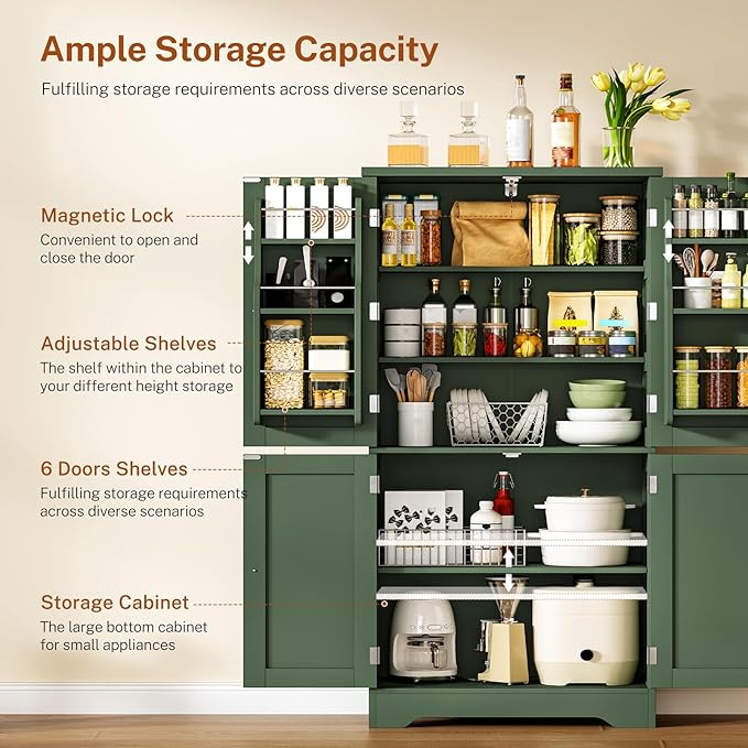 TEENFON 51" H Pantry Cabinet with 4 Doors, Kitchen Cabinet with 6 Door Shelves, Kitchen Pantry for Living Room, Dining Room, Bathroom, Green