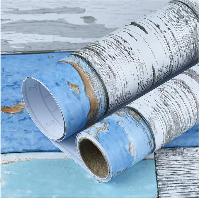 Art3d 17.7"x78.7" Peel and Stick Wallpaper - Decorative Self Adhesive Vinyl Film Wood Grain Wallpaper for Furniture Cabinet Countertop Shelf Paper, Blue Distressed Wood