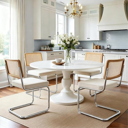 Zesthouse Natural Rattan Dining Chairs Set of 2, White Cesca Chairs with Cane Mesh & Stainless Chrome Base, Mid Century Modern Dining Room Chair, Upholstered Linen Kitchen Chair with Solid Wood Back