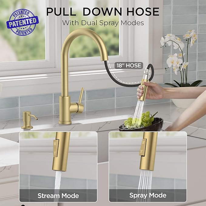 FORIOUS Gold Kitchen Faucet with Pull Down Sprayer, Modern Single Hole Kitchen Sink Faucet with Soap Dispenser, Deck Plate, Single Handle, High Arc Stainless Steel for RV Bar Farmhouse Laundry