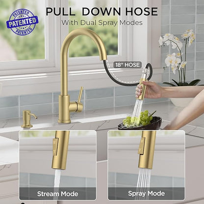 FORIOUS Gold Kitchen Faucet with Pull Down Sprayer, Classic Single Hole Kitchen Sink Faucet with Deck Plate, Single Handle, High Arc Stainless Steel, Fit for RV Bar Farmhouse Laundry Outdoor