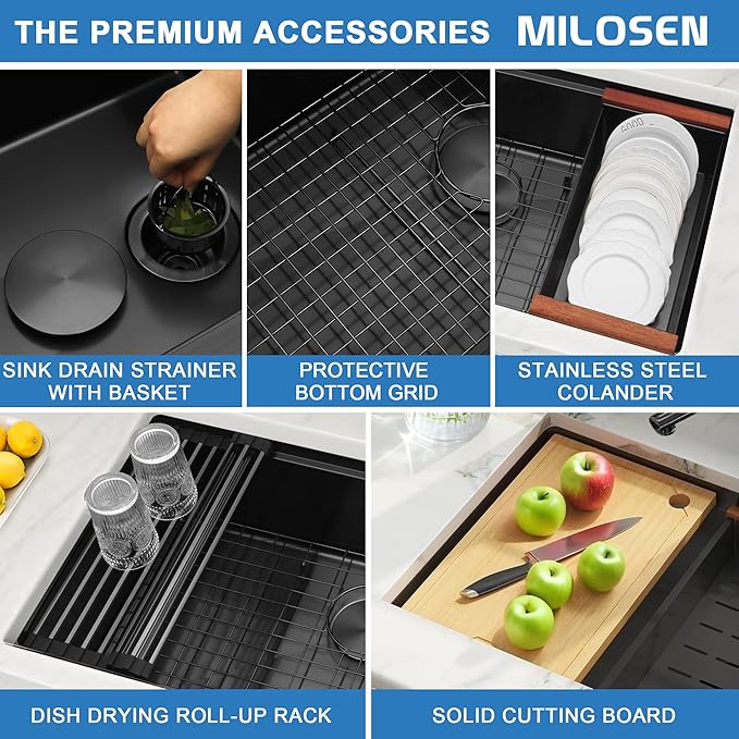 MILOSEN 33 Inch Black Undermount Kitchen Sink, 33" x 19" Black Stainless Steel Sinks, Single Bowl Workstation Sink with Custom Accessories, Handmade Under Counter Design, 9'' Depth Large Kitchen Sinks