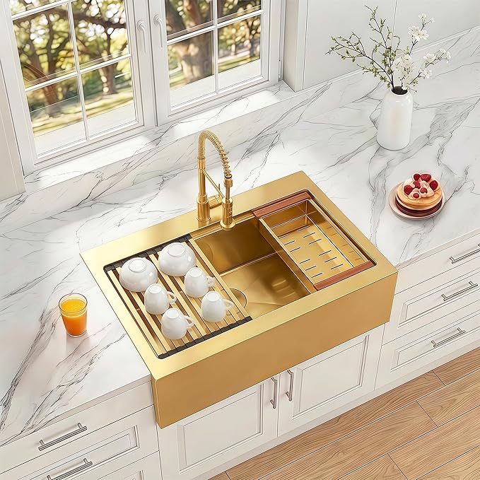 33 Inch Farmhouse Gold Sink, 16 Gauge 304 Stainless Steel Farm Sinks, Drop In Topmount Single Bowl Workstation Sink with all Accessories, 33" x 22" x 10" Large and Deep Kitchen Sink