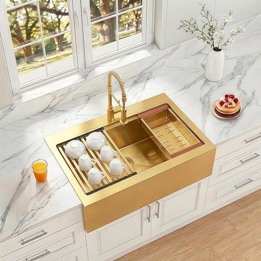 33 Inch Farmhouse Gold Sink, 16 Gauge 304 Stainless Steel Farm Sinks, Drop In Topmount Single Bowl Workstation Sink with all Accessories, 33" x 22" x 10" Large and Deep Kitchen Sink