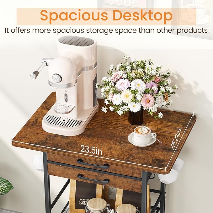 Snughome 5 Tier Rolling Coffee Cart with 2 Large Drawers & Removable Dividers, Extra-Wide Coffee Bar Cart with Storage, Farmhouse Coffee Station Cabinet for Living Room, Kitchen, Office