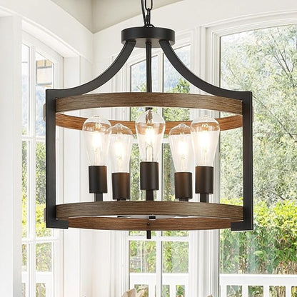 5-Light Farmhouse Chandelier, 20" Black Metal Faux Wood Pendant Light Fixtures, Hanging or Semi Flush Mount Rustic Chandelier for Dining Room, Foyer, Living Room, Kitchen