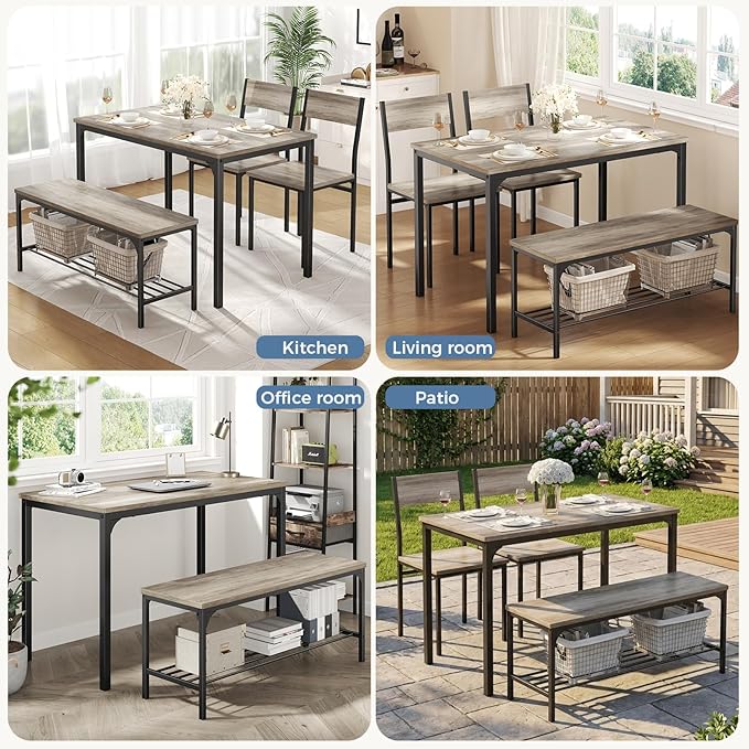 DUMOS Dining Table, Dining Table Set for 4 with Bench, Easy to Assemble Kitchen Table, Space-Saving Ideal 4-Person Set for Dining Room Kitchen Apartment Corner Gray 4 Pack