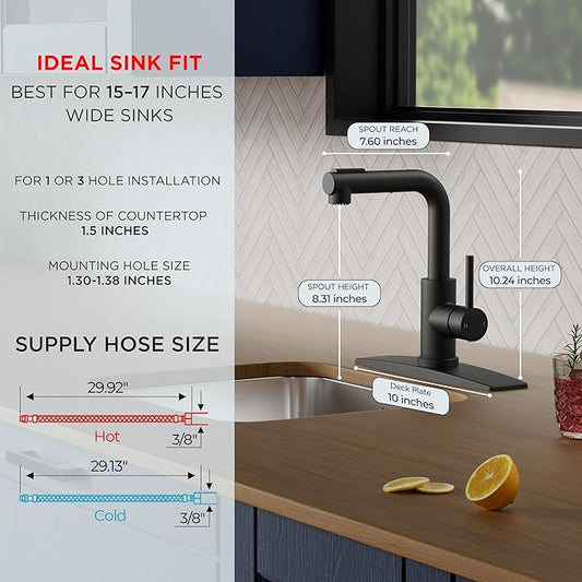 FORIOUS Modern Black Bar Sink Faucet, Stainless Steel Single Handle Small Pre Kitchen Sink Faucet with Pull Out Sprayer, 360° Swivel Spout L-Shaped Design Suitable for Camper Outdoor Bathroom RV