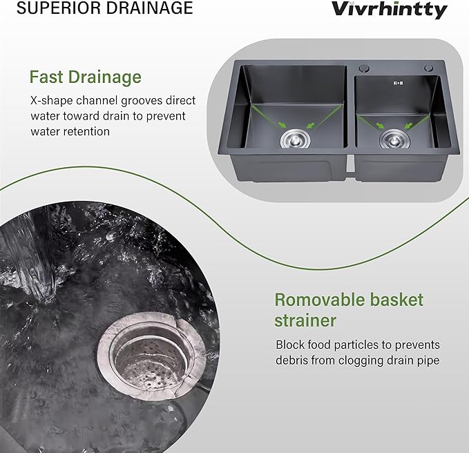 30-inch Black Kitchen Sink, Double Bowl Drop-in/Top-Mount 304 Stainless Steel with Nano Coating, Includes Drain Assembly & Fruit Basket for Modern Kitchen (30.7" x 16.9")