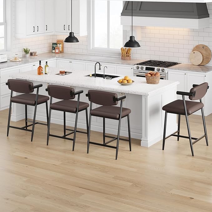 GarveeHome Counter Height Bar Stools of 4 with Armrests, 4 Piece Counter Height Bar Stools Set with Back, Upholstered Seat & Metal Footrest for Kitchen Islands, Counter Bars, Retro Brown