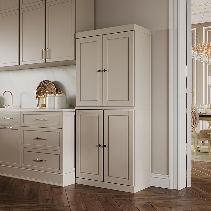 Palace Imports Solid Wood Kitchen Pantry Cabinet - 71.5" Tall x 32" Wide - Wooden Storage Cabinet with 4 Doors & Adjustable Shelves, Beige, 100% Renewable Eco-Friendly Wood, Made in Brazil