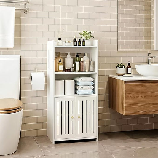 HAYOFAMY Bathroom Storage Cabinet, 4-Tier White Floor Cabinet Freestanding Organizer with Door for Living Room Kitchen Small Space (8.7" D x 14.2" W x 29.5" H)