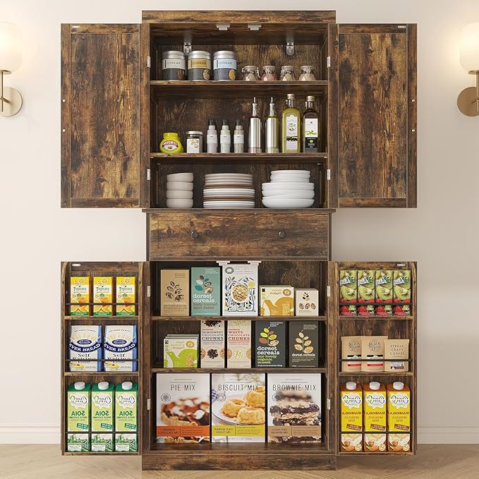 72" Tall Kitchen Pantry Cabinet, Rusty-Brown Pantry Storage Cabinet with Adjustable Shelves, Barn Doors and Drawer Farmhouse Cupboard for Kitchen, Dining Room, Bathroom (16" D x 30" W x 72" H)