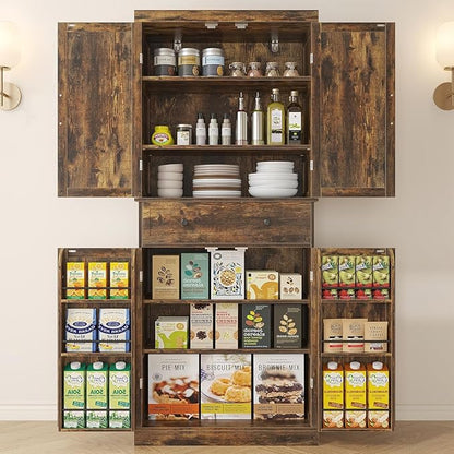 72" Tall Kitchen Pantry Cabinet, Rusty-Brown Pantry Storage Cabinet with Adjustable Shelves, Barn Doors and Drawer Farmhouse Cupboard for Kitchen, Dining Room, Bathroom (16" D x 30" W x 72" H)