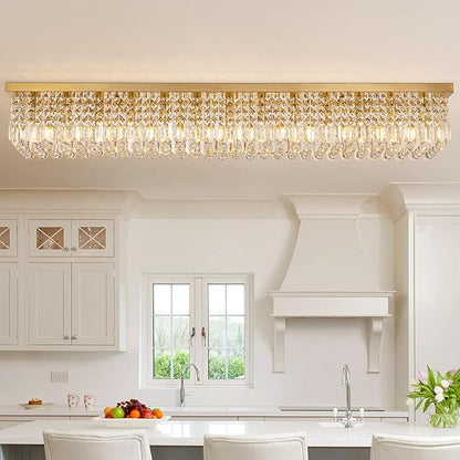 59-inch Modern Crystal Chandelier,13-Light K9 Crystal Rectangle Chandelier for Dining Room,Kitchen Island Adjustable Hanging Pendant Light Fixture,Gold Brass