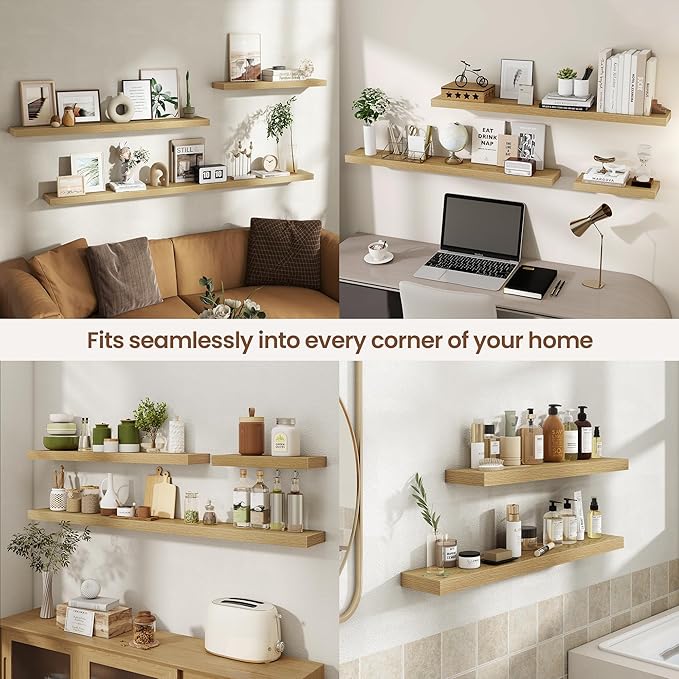 Acovy 55 Inch Floating Shelves for Wall 1 Pack, 55" Wall Shelves for Books, Storage, Decor, Wall Mounted Floating Shelf with Invisible Brackets for Kitchen, Living Room, Oak
