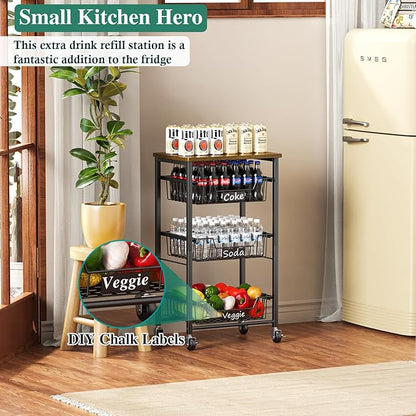 OKZEST 4-Tier Small Kitchen Storage Cart on Wheels, Metal Fruit Basket Stand with Pull-Out Baskets & Wood Top for Potato Onion Produce Snack Veggies