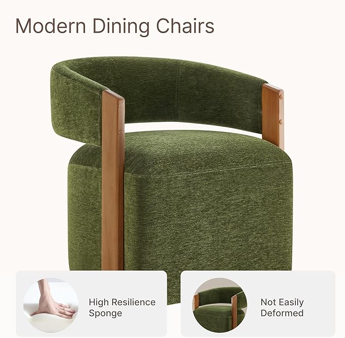KISLOT Upholstered Dining Chairs Set of 2, Barrel Modern Dining Room Chairs with Casters, Kitchen Side Wooden Armchair with Fabric Cushion Seat for Bedroom, Livingroom, Reading Room, Green, 2 Boxs