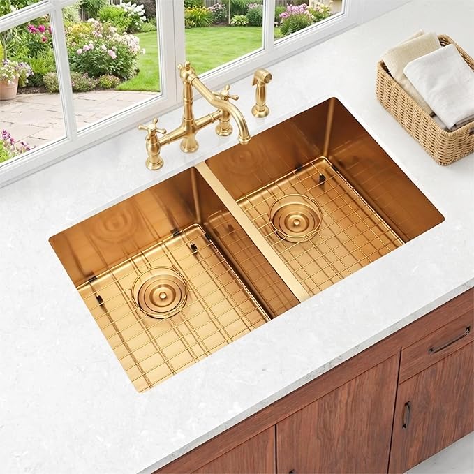 Gold RV Kitchen Sink 27 X 16 inch,50/50 Double Bowl Undermount Kitchen Sink,16 Gauge Stainless Steel Kitchen Sinks for RV