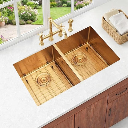 Gold RV Kitchen Sink 27 X 16 inch,50/50 Double Bowl Undermount Kitchen Sink,16 Gauge Stainless Steel Kitchen Sinks for RV