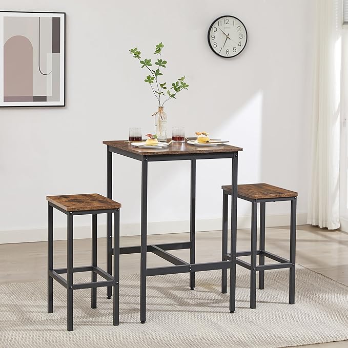 3 PCS Bar Table Set with 2 Stools, Modern Counter Height Table and Chairs Set for Living Room, Small Spaces (Rustic Brown)