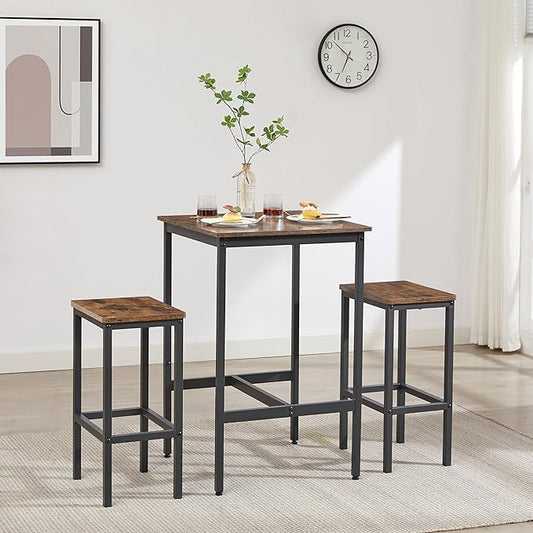 3 PCS Bar Table Set with 2 Stools, Modern Counter Height Table and Chairs Set for Living Room, Small Spaces (Rustic Brown)