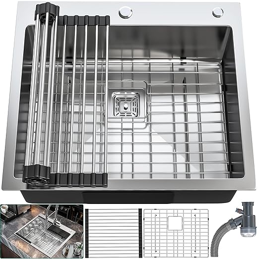 YITAHOME Drop In Kitchen RV Sink 25 in Top mount 304 Stainless Steel Single Bowl Sink with Accessories for Workstation, Bar Sinks 25 x 22 x 10 Inch